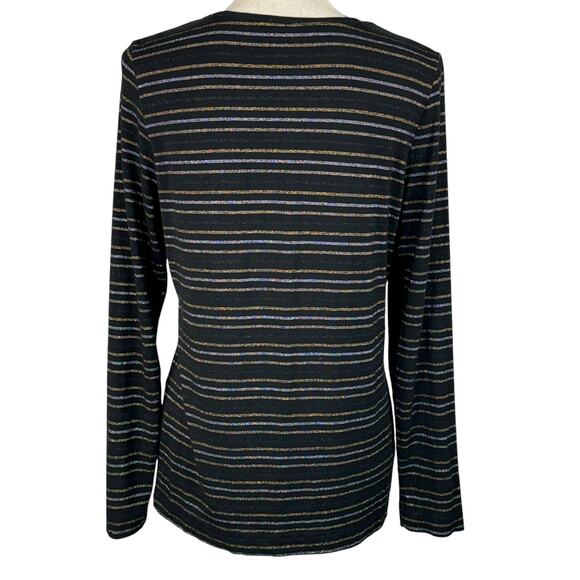 Chico’s SZ 1 (Medium) Top Striped Long Sleeves Stretch Scoop Neck Metallic Black - Picture 4 of 7